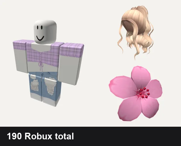 Aesthetic Roblox outfit ideas: Aesthetic purple blouse, Cute ripped Jeans Y2k aesthetic vintage girl ok, Blonde Aesthetic Curly High Ponytail, Pink Hair Flower