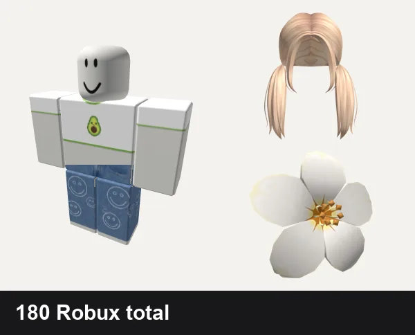 Aesthetic outfit under 200 Robux: 🥑aesthetic avocado🥑, thrifted vintage aesthetic indie kid mom jeans, Aesthetic low piggytails in blonde, White Hair Flower