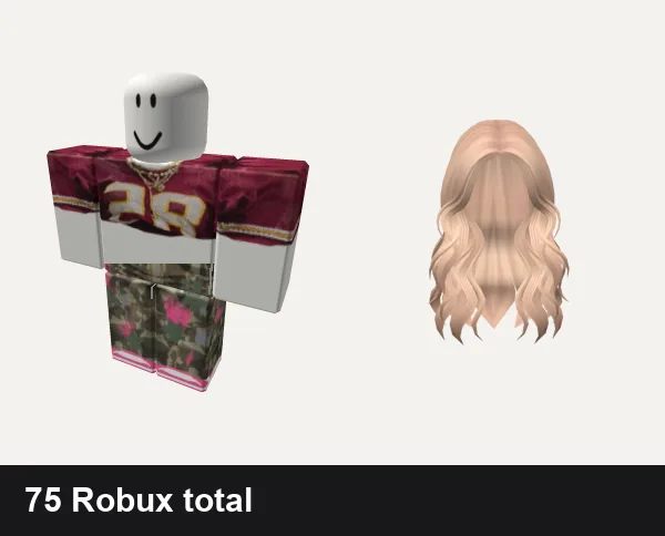 Baddie Roblox outfits under 100 Robux: red baddie jersey, Star Denim Camo Pants W Pink Dunks Baddie, Lush Wavy Hair (Blonde)