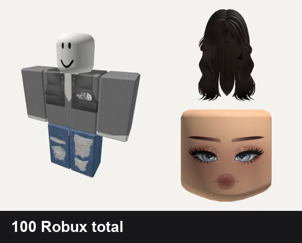 Baddie Roblox outfits under 100 Robux: grey northface chav roadman baddie romper bodysuit, rogangster cyber y2k ok baddie gyaru drain, Baddie hair brown, Mean Girl Cute Mask Light Brown
