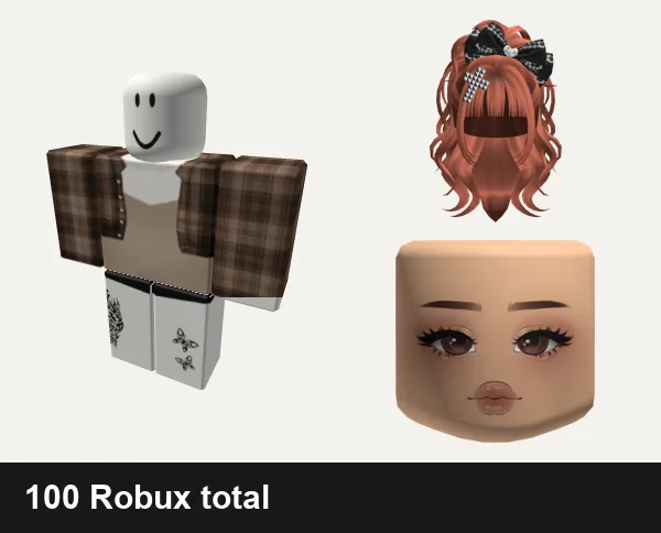 Baddie Roblox outfits under 100 Robux: beige one piece top baddie ro-gangster, baddie y2k black dh shorts emo aesthetic tattoo, Ginger Gyaru Emo Hair, Popular Girl Cute Mask Light Brown