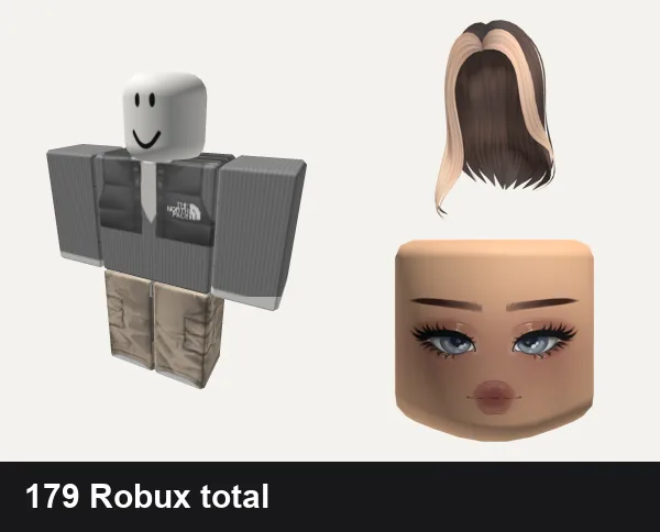 Baddie outfit under 200 Robux: grey northface chav roadman baddie romper bodysuit, baddie, Popular Girl Blonde & Brown Hair, Mean Girl Cute Mask Light Brown