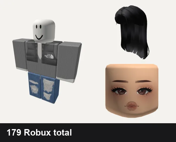 Baddie Roblox outfits under 200 Robux: grey northface chav roadman baddie romper bodysuit, rogangster cyber y2k ok baddie gyaru drain, Popstar Hair, Popular Girl Cute Mask Light Brown