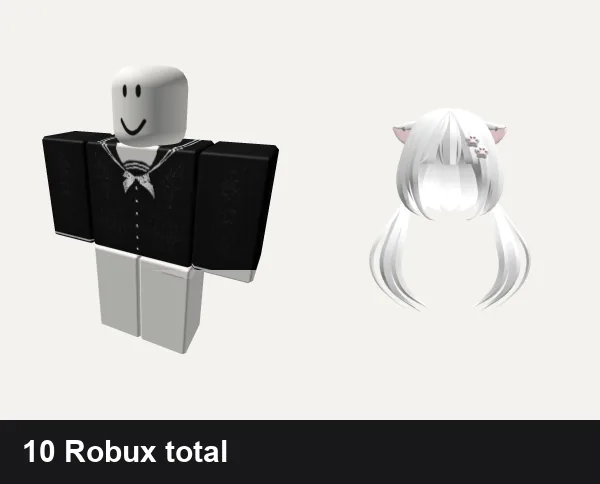 Almost free Cute Roblox outfits: cute black n white kawaii uniform cutesy school, pink cute doll kawaii skirt pants, ノ꒰ (FREE UGC) Kitty pigtails white w/ cute clip♡