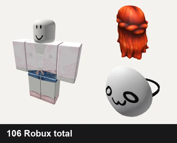 A cute Roblox outfit on an avatar, with its hair, accessories and total Robux price
