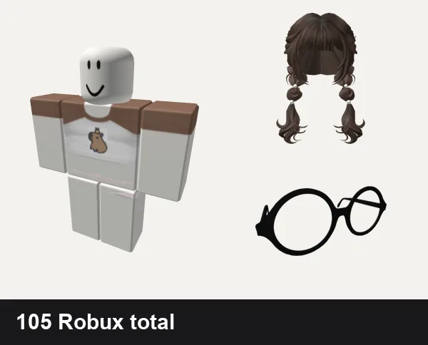 Cute Roblox outfit ideas: Cute Capybara Shirt, pink cute doll kawaii skirt pants, 🍀Cute Two-side French Braids (Brown), Rounded Cute Anime Glasses
