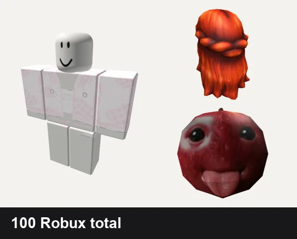 Cute Roblox outfits under 100 Robux: pink cute doll kawaii, pink cute doll kawaii skirt pants, Belle Of Belfast Long Red Hair, Silly Cute Niche Apple AI Fruit Head Mask