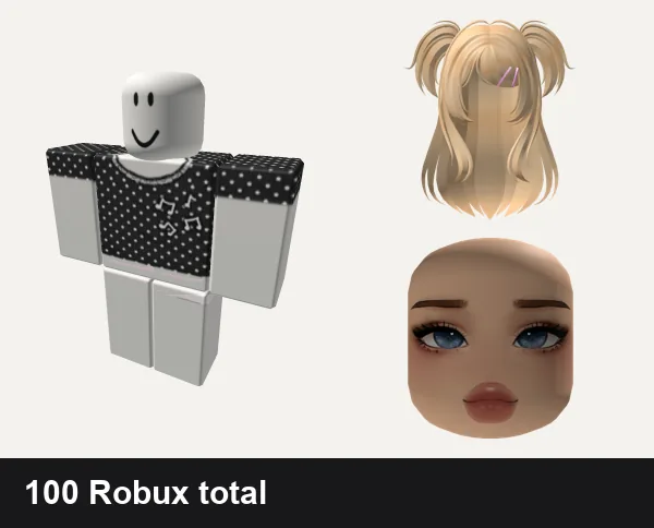 Cute Roblox outfits under 100 Robux: cute polkadot matching dahood music notes aw, pink cute doll kawaii skirt pants, ❤️ FREE CODE: S014 ❤️ | Cute Blonde hair W/pigtail, Cold Blushy Cute Girl