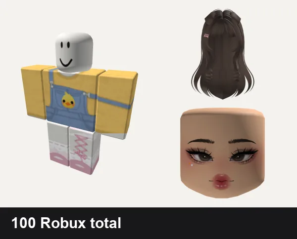 Cute Roblox outfits under 100 Robux: 🐣Cute easter chick overalls🐣 eatser chicken, cute pink, Brown Cute Puppy Ear Hair (Free), Cute Kpop Makeup