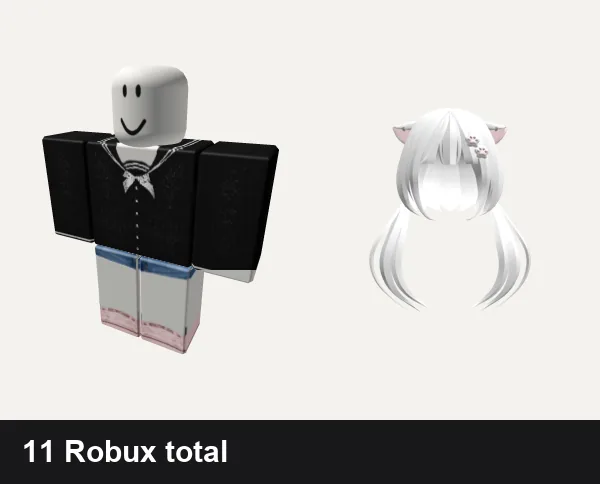Cute Roblox outfits under 100 Robux: cute black n white kawaii uniform cutesy school, 💗 Pink! Trendy Girls Cute Casual Outfit, ノ꒰ (FREE UGC) Kitty pigtails white w/ cute clip♡