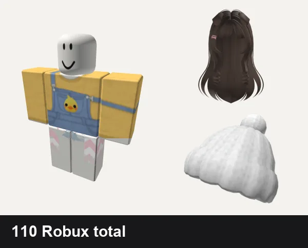 Cute Roblox outfits under 200 Robux: 🐣Cute easter chick overalls🐣 eatser chicken, 💛 Cute Girls Outfit Stripey Vibes ⏫, Brown Cute Puppy Ear Hair (Free), Cute White Winter Beanie