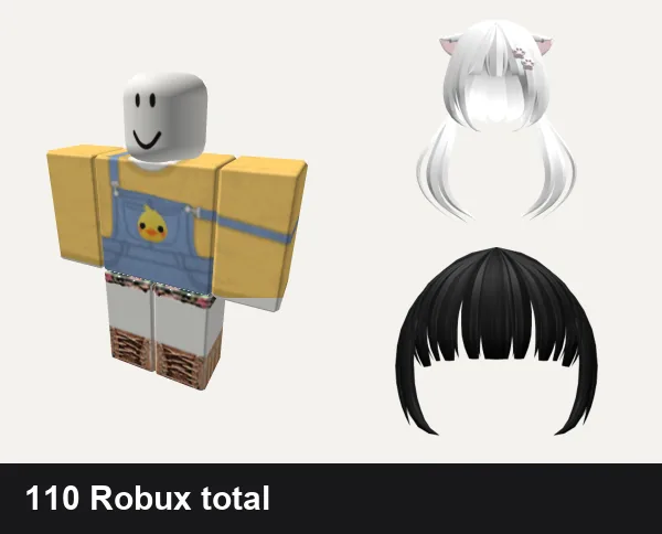 Cute Roblox outfits under 200 Robux: 🐣Cute easter chick overalls🐣 eatser chicken, ✪ Floral Designer Cute Outfit, ノ꒰ (FREE UGC) Kitty pigtails white w/ cute clip♡, Cute Full Bangs (Black)