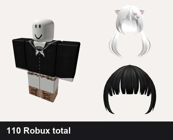 Cute Roblox outfits under 200 Robux: cute black n white kawaii uniform cutesy school, ✪ Floral Designer Cute Outfit, ノ꒰ (FREE UGC) Kitty pigtails white w/ cute clip♡, Cute Full Bangs (Black)