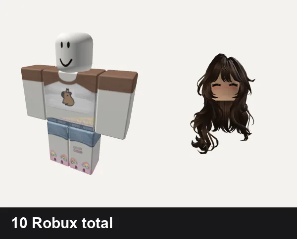 Cute Roblox outfits under 50 Robux: Cute Capybara Shirt, ༺ Cute ♡ Cutecore ♡ Core ༻, Cute Long Wavy Brown Hair With Blush 3.0