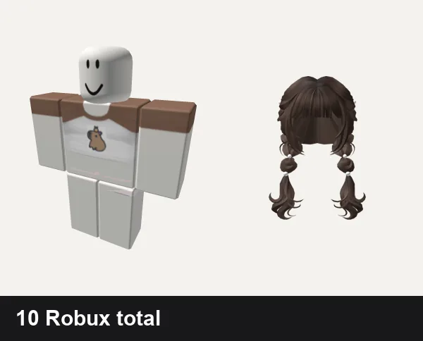 Cute Roblox outfits under 50 Robux: Cute Capybara Shirt, pink cute doll kawaii skirt pants, 🍀Cute Two-side French Braids (Brown)