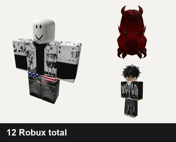 Almost free Emo Roblox outfits: Emo Goth Graffiti Black and White, y2k america USA emo, Layered Emo Girl Hair w/ Horns, Emo Boy Front
