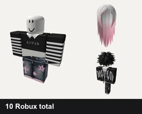 Emo Roblox outfits under 100 Robux: ✅ black y2k cross cyber tank da hood emo stripe, pink star y2k cyber jeans emo da hood cross barbie, Long Wispy Emo Hair in Blushed Rose, Emo Boy Avatar