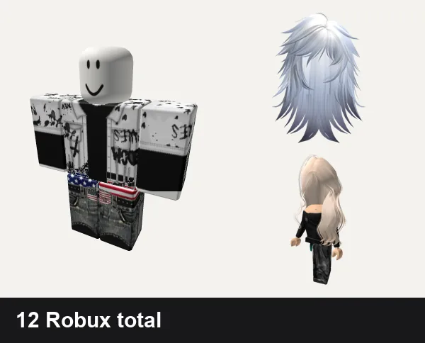 Emo Roblox outfits under 200 Robux: Emo Goth Graffiti Black and White, y2k america USA emo, Emo Wispy Straight Hair (Blueberry Frost), Emo girl Avatar