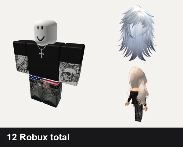 Emo Roblox outfits under 200 Robux: Black emo shirt with chains and tattoos, y2k america USA emo, Emo Wispy Straight Hair (Blueberry Frost), Emo girl Avatar