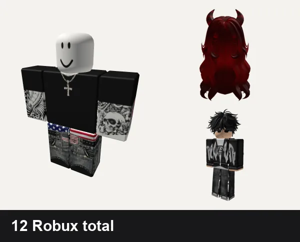 Emo Roblox outfits under 50 Robux: Black emo shirt with chains and tattoos, y2k america USA emo, Layered Emo Girl Hair w/ Horns, Emo Boy Front