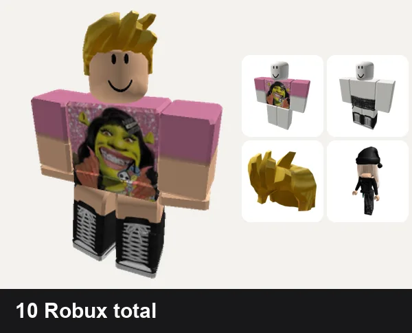 Emo outfit under 50 Robux: Shrek Emo Girl shirt, [ORIG] skirt + convers boots envy y2k vamp emo, Blonde Spiked Hair, [Free] Emo Girl Avatar Bundle Shoulder
