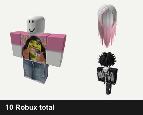 Emo Roblox outfits under 50 Robux: Shrek Emo Girl shirt, y2k white star da hood jeans outfit vkei, Long Wispy Emo Hair in Blushed Rose, Emo Boy Avatar