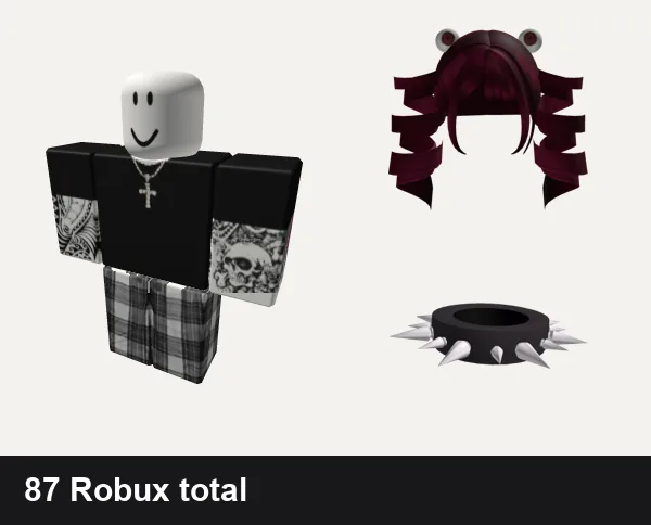 Goth Roblox outfit ideas: Black emo shirt with chains and tattoos, grey pjs plaid emo y2k vamp grunge goth dh cyber, 🐹 Goth Spiral Pigtails w/ Eyes [Free], Black Spiky Goth Necklace (3.0)