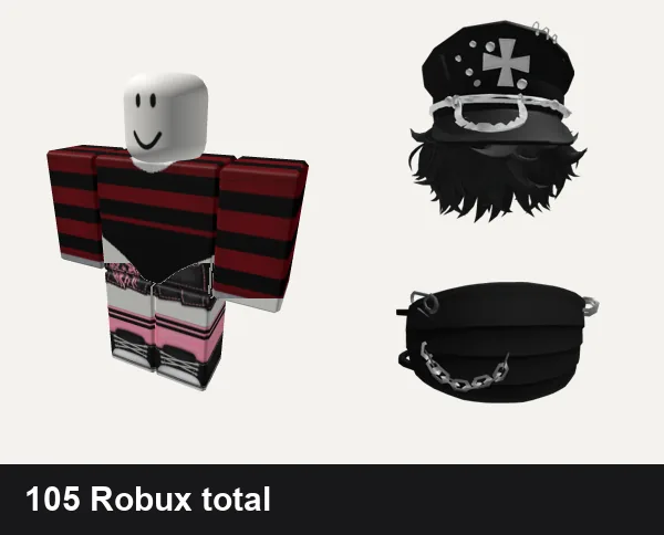 Goth Roblox outfit ideas: Snow Leopard w Bodysuit Red Goth Femb, Black and pink Y2K pretty gothic vamp skirt, [Limited] Goth Boy Hair, Black Goth Mask