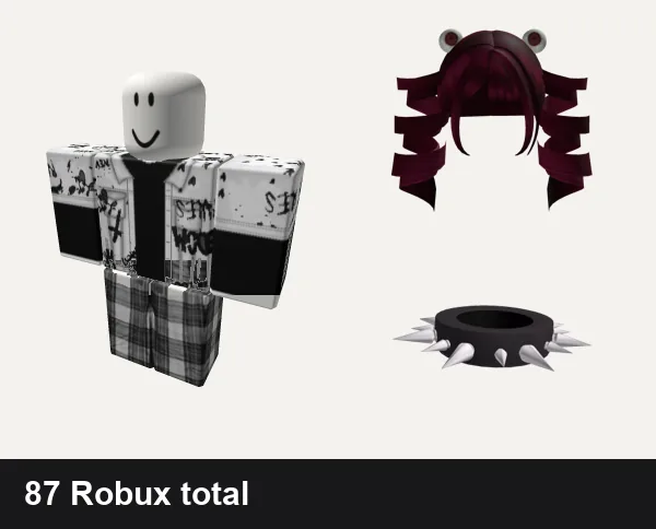 Goth Roblox outfit ideas: Emo Goth Graffiti Black and White, grey pjs plaid emo y2k vamp grunge goth dh cyber, 🐹 Goth Spiral Pigtails w/ Eyes [Free], Black Spiky Goth Necklace (3.0)