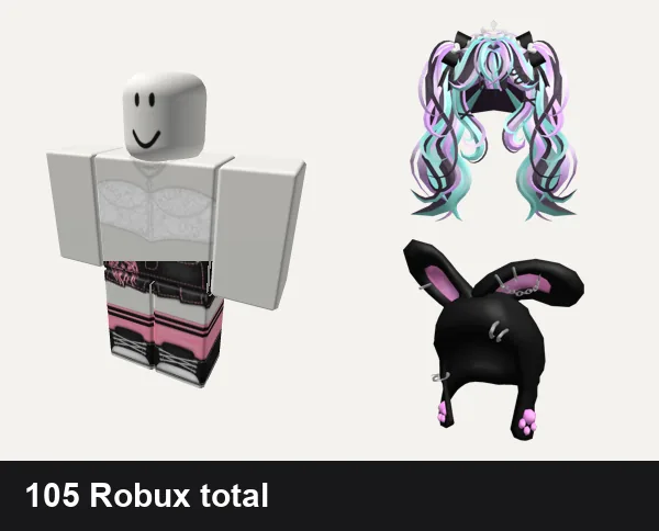 Goth Roblox outfits under 200 Robux: christmas snow cute White corset lace cottage core, Black and pink Y2K pretty gothic vamp skirt, Pastel Goth Princess Hair, Cute Lil' Black Goth Bunny Hood 🐰