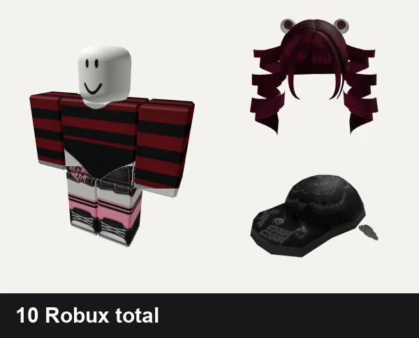 Goth Roblox outfits under 50 Robux: Snow Leopard w Bodysuit Red Goth Femb, Black and pink Y2K pretty gothic vamp skirt, 🐹 Goth Spiral Pigtails w/ Eyes [Free], Goth Super Cloudy Cloudy Cap — FLEX UGC CODE: GOPS