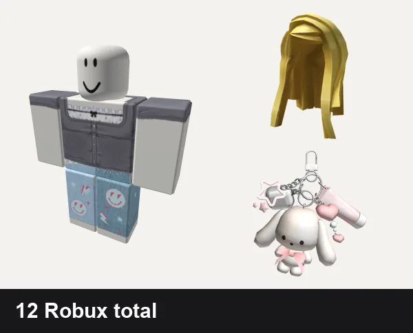Preppy Roblox outfits under 100 Robux: ♡︎ _ preppy grey button up blouse, Preppy Smile Set In Teal! ° 。˚ ✰, Straight Blonde Hair, 🍀Preppy Pink Bunny Keychain