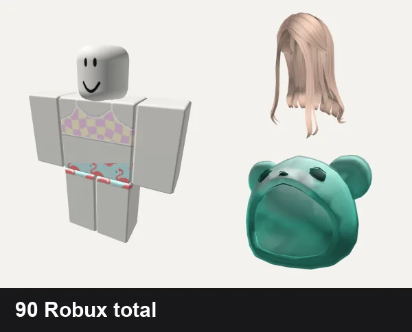 Preppy Roblox outfits under 100 Robux: Pink and yellow preppy checkered top, ✿preppy flamingo swimsuit, Long Blonde Hair, Preppy Teal Tie-dye Bear Hood