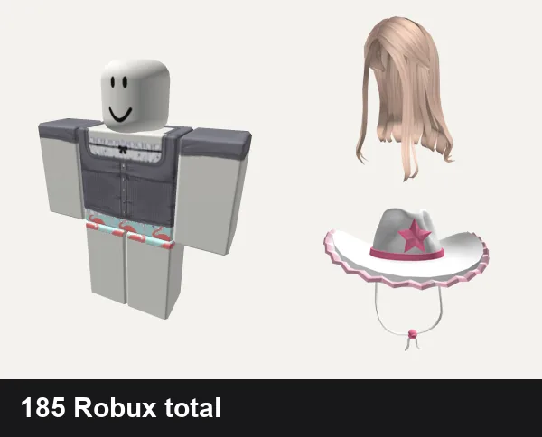 Preppy Roblox outfits under 200 Robux: ♡︎ _ preppy grey button up blouse, ✿preppy flamingo swimsuit, Long Blonde Hair, Aesthetic Preppy Cowgirl Hat