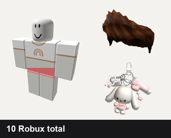Preppy Roblox outfits under 200 Robux: preppy rainbow boho 🌈, 💞Preppy x gabs Summer Pink Blue Set🦩✈️, Brown Charmer Hair, 🍀Preppy Pink Bunny Keychain