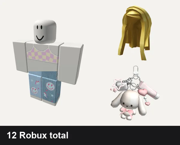 Preppy outfit under 50 Robux: Pink and yellow preppy checkered top, Preppy Smile Set In Teal! ° ｡˚ ✰, Straight Blonde Hair, 🍀Preppy Pink Bunny Keychain