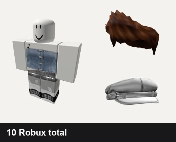 Streetwear Roblox outfit ideas: acubi thrifted jeans y2k streetwear 2000s, y2k grunge ludic punk cyber streetwear vamp emo ok, Brown Charmer Hair, White Grunge Beret Y2K