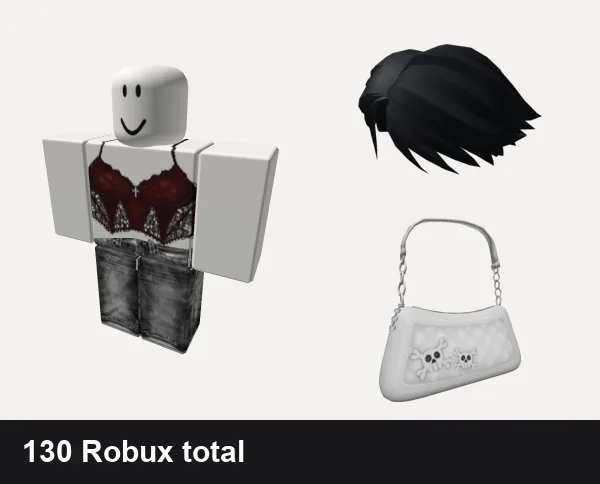 Streetwear Roblox outfit ideas: Cute red and black grunge girl classic shirt, vamp emo cyber y2k streetwear grim rock evade vkei, Black Short Parted Hair, Y2K Grunge White Shoulder Bag