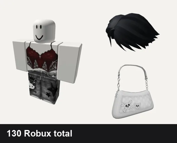 Streetwear Roblox outfit ideas: Cute red and black grunge girl classic shirt, grey y2k star da hood jeans emo cute streetwear, Black Short Parted Hair, Y2K Grunge White Shoulder Bag