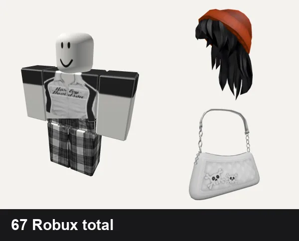 Streetwear Roblox outfits under 100 Robux: 𝕮𝕲 🤍 y2k white harley racer punk cyber crop top, grey pjs plaid emo y2k vamp grunge goth dh cyber, Orange Beanie with Black Hair, Y2K Grunge White Shoulder Bag