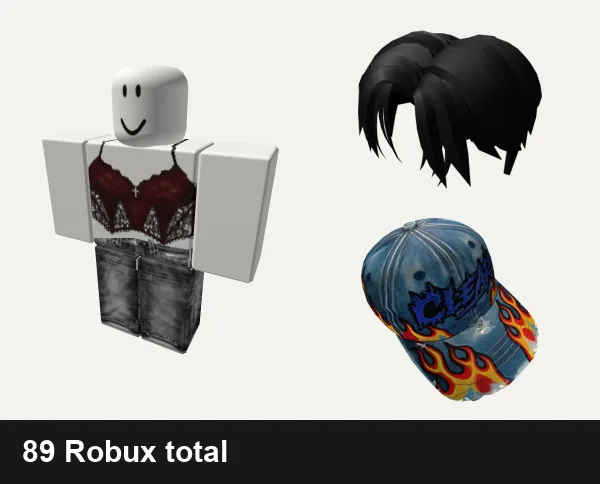 Streetwear Roblox outfits under 100 Robux: Cute red and black grunge girl classic shirt, vamp emo cyber y2k streetwear grim rock evade vkei, Cool Boy Hair, Clear Streetwear Flame Hat  |  Code: ClrHat