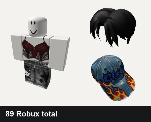 Streetwear Roblox outfits under 100 Robux: Cute red and black grunge girl classic shirt, grey y2k star da hood jeans emo cute streetwear, Cool Boy Hair, Clear Streetwear Flame Hat  |  Code: ClrHat