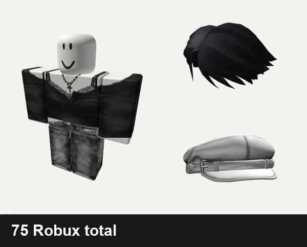 Streetwear Roblox outfits under 100 Robux: Black Emo Girl Fairy Streetwear DaHoodEvade, vamp emo cyber y2k streetwear grim rock evade vkei, Black Short Parted Hair, White Grunge Beret Y2K