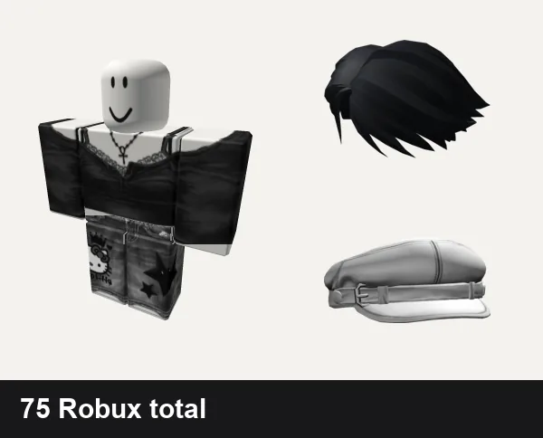 Streetwear Roblox outfits under 100 Robux: Black Emo Girl Fairy Streetwear DaHoodEvade, grey y2k star da hood jeans emo cute streetwear, Black Short Parted Hair, White Grunge Beret Y2K
