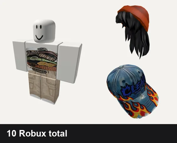 Streetwear Roblox outfits under 200 Robux: belt stack y2k streetwear top, beige emo khaki grunge y2k goth emo extreme boy, Orange Beanie with Black Hair, Clear Streetwear Flame Hat  |  Code: ClrHat
