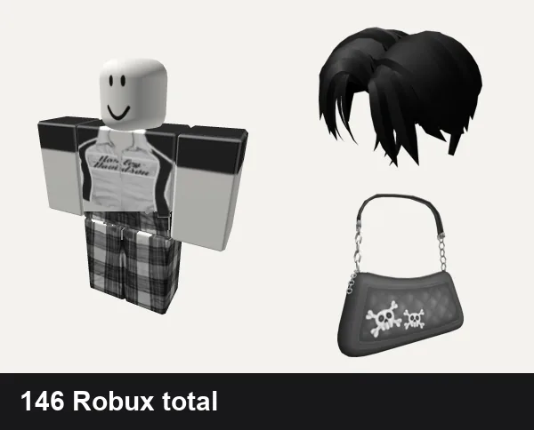 Streetwear outfit under 200 Robux: 𝕮𝕲 🤍 y2k white harley racer punk cyber crop top, grey pjs plaid emo y2k vamp grunge goth dh cyber, Cool Boy Hair, Y2K Grunge Black Shoulder Bag