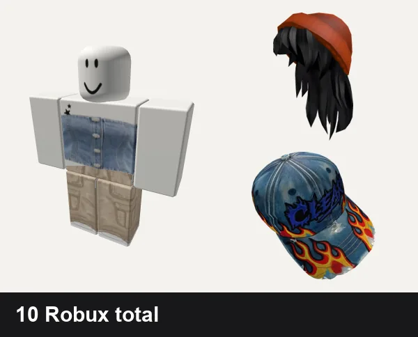 Streetwear Roblox outfits under 200 Robux: acubi thrifted jeans y2k streetwear 2000s, beige emo khaki grunge y2k goth emo extreme boy, Orange Beanie with Black Hair, Clear Streetwear Flame Hat  |  Code: ClrHat