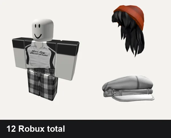 Streetwear outfit under 50 Robux: 𝕮𝕲 🤍 y2k white harley racer punk cyber crop top, grey pjs plaid emo y2k vamp grunge goth dh cyber, Orange Beanie with Black Hair, White Grunge Beret Y2K