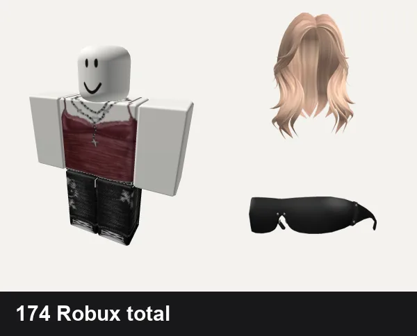 Y2K Roblox outfit ideas: Y2k cute red tank top, black y2k cyber star jeans dahood cross rot envy, Y2K Layered Wolfcut (Blonde), Black Y2K Cyberstar Glasses