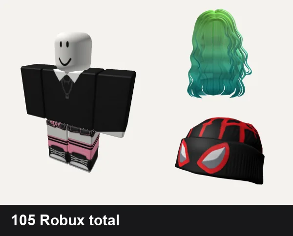 Y2K Roblox outfit ideas: y2k Black Aesthetic, Black and pink Y2K pretty gothic vamp skirt, Y2K Green/Blue Long Hair, Y2K Multiverse Boy Beanie
